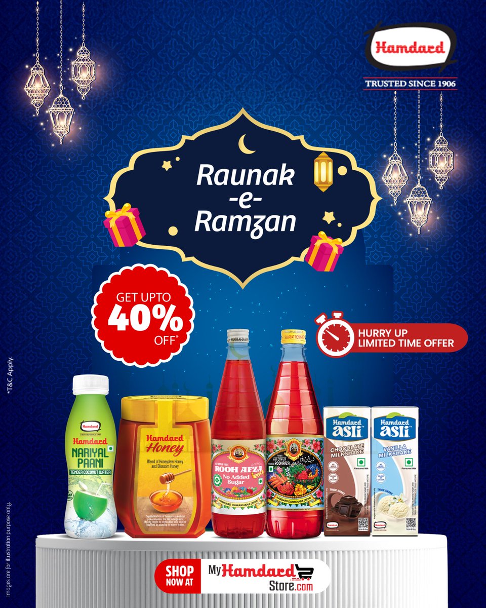 RoohAfzaIndia's tweet photo. Celebrate Raunaq-e-Ramzan with Hamdard
From Rooh Afza to Honey, Nariyal Paani and Asli Milkshakes β make every iftaar refreshing and every sehri wholesome with flavours trusted for generations.
#RaunaqERamzan #Hamdard #FestiveOffer #Ramzan2026 https://t.co/lg6kw1JhIX