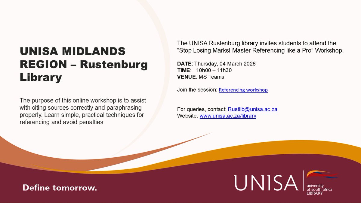 UnisaMidRegion's tweet photo. Invitation to the "Stop Losing Marks! Master Referencing like a Pro workshop. 

Date: 04 March 2026
Time:10:00-11:30
Venue: Online
Link to join : https://t.co/MQ7OiV7GPu https://t.co/uEQ8OlK4In