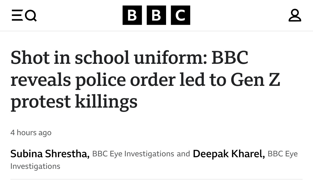 BBC World Service analyzed 4000+ videos and photos of Sept 8-9 and published a report. Their finding: the order to fire at protestors was given by then police chief Chandra Kuber Khapung.

He has not denied issuing that order.

Let that sink in.

A short thread.