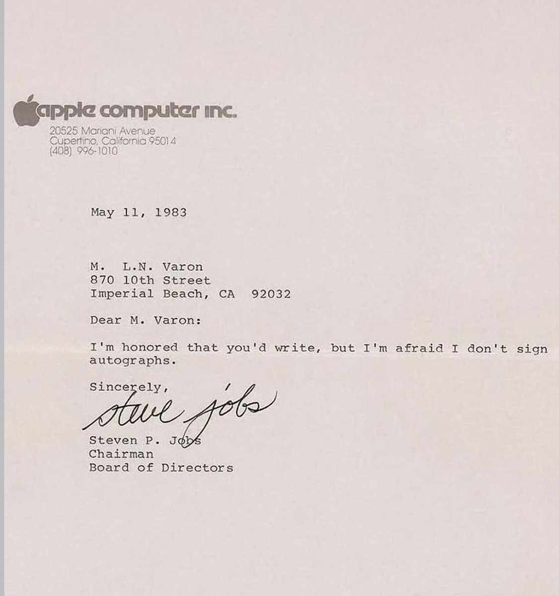 Steve Jobs response to a fan asking for an autograph