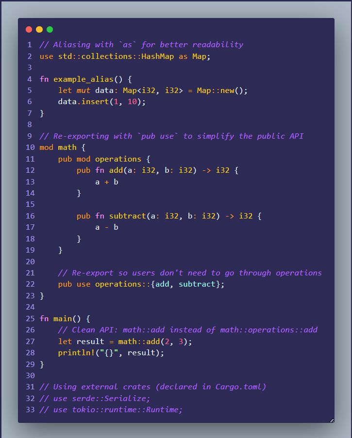 teheelaa's tweet photo. Rust Learning Log: Names, Boundaries, and How Rust Scales
Over the last few days, I've been learning how Rust organizes code: modules, paths, visibility, and navigation.
Rust keeps large codebases readable, intentional, and composable as they grow.
Everything still builds on the same theme: clarity over convenience.

Creating Aliases With 'as':
Sometimes a name is technically correct but not ergonomic. Instead of forcing you to live with awkward names, Rust lets you rename things locally.
This doesn't change the original item. It just improves how you interact with it.
That feels very Rust. No global side effects. No hidden behavior. Just explicit, scoped clarity.
It made me think more carefully about how naming affects readability.

pub use for Clean Public APIs:
Using pub use to re-export names from submodules was a big one for me.
Instead of exposing your internal structure directly, Rust lets you shape how others see your code.
Internally, things can be deeply nested. Externally, you can present a clean, intentional interface.

In Solidity, you typically expose what's public in a contract, and the structure you choose internally is what users interact with. There's not as much flexibility to reshape the public interface separately. Rust gives you more control with pub use to hide implementation details while keeping the API simple.
Even as a learner, I can see how this would matter in larger systems.

External Crates:
Instead of reinventing everything, Rust encourages reuse, but in a controlled, explicit way. You don't accidentally depend on something. You choose it.
That explicitness around dependencies feels especially important for reliability and security focused work.
Dependency management can get messy with transitive dependencies and version conflicts in some languages. Rust's Cargo handles this more deliberately, and you always declare what you're using in Cargo.toml.

The Standard Library:
Learning about the standard library was interesting because of what it isn't.
It's not massive. It's not trying to do everything.
Instead, it provides carefully chosen building blocks: types and tools that align tightly with Rust's core philosophy.
That restraint feels like Rust wants you to understand fundamentals deeply, rather than rely on abstractions that hide complexity.

As I move deeper into modules and crates, I'm starting to see Rust as a language obsessed with boundaries.
Boundaries between modules, between public and private, between internal structure and public API, between your code and external dependencies.

Every tool I learned today exists to help manage those boundaries cleanly: as for local clarity, pub use for API design, external crates for controlled reuse, and a focused standard library that doesn't try to do everything.
Rust is slowly teaching me how large, maintainable systems are designed, not just how code compiles.

In the codebases you work with, how much thought goes into API design versus just making things work? Do you reshape interfaces later, or plan them upfront?

#Rust #RustLang #LearningRust #SystemsDesign #Blockchain #Solidity #SoftwareArchitecture