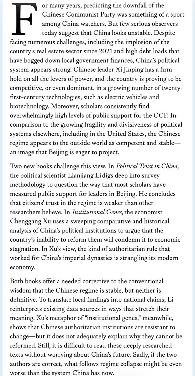 glykosymoritis's tweet image. Both Li’s and Xu’s books imply a bleak future for the party and what may come after it. Li establishes that regime support is connected to the perception that the regime is unassailable, and this image of unassailability is fragile because it depends so much on one man. #China