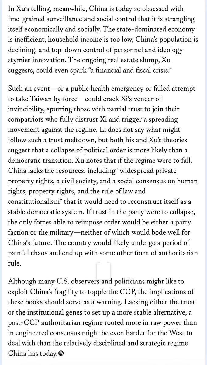 glykosymoritis's tweet image. Both Li’s and Xu’s books imply a bleak future for the party and what may come after it. Li establishes that regime support is connected to the perception that the regime is unassailable, and this image of unassailability is fragile because it depends so much on one man. #China