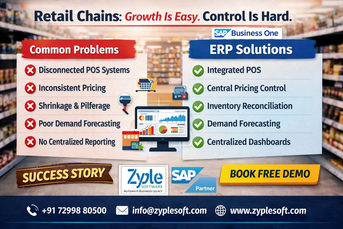 zyplesoftware's tweet photo. @SAP 
#RetailERP #RetailManagement #RetailChain #MultiStoreManagement #ERPForRetail #SAPBusinessOne #POSIntegration #InventoryManagement #DemandForecasting #CentralizedControl #BusinessGrowth #RetailSuccess #ERPImplementation #DigitalTransformation #BookFreeDemo #ZypleSoftware https://t.co/6aRXt7T0e6