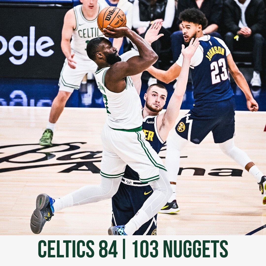 Los Celtics fueron superados por los Nuggets en el Ball Arena, 84-103. 

• Jaylen Brown: 23 PTS, 11 REB, 3 AST, 3 BLK, 7/21 FG
• Derrick White: 20 PTS, 6 REB, 3 AST, 1 STL, 3 BLK, 6/14 FG
• Neemias Queta: 10 PTS, 4 REB, 1 AST, 1 BLK, 4/6 FG

Jokic y compañía ponen fin a