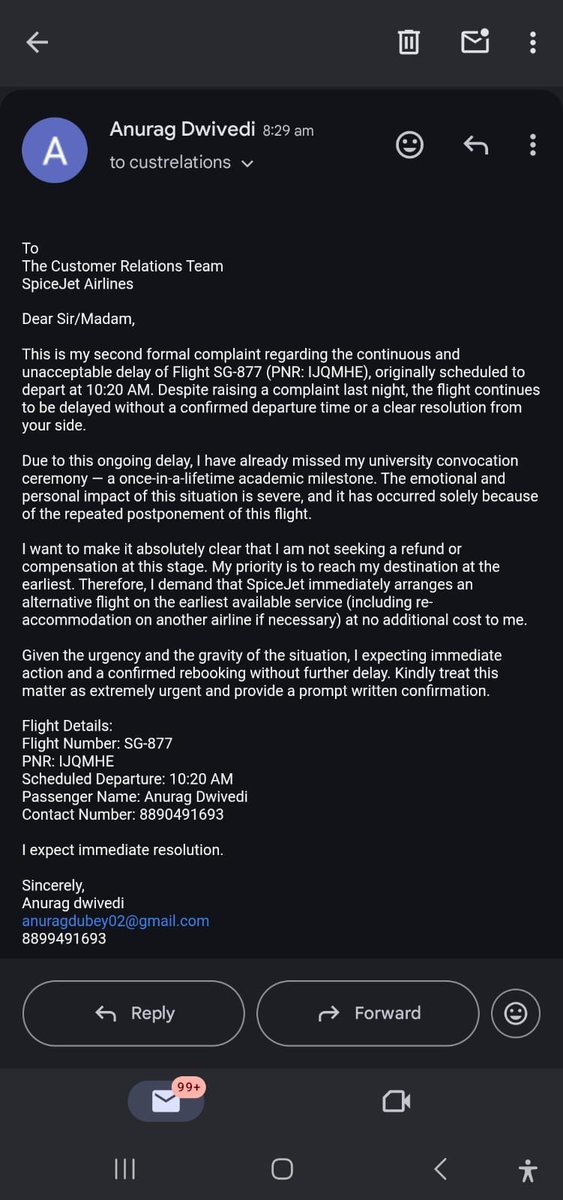 anupam_dwivedi2's tweet photo. @flyspicejet PNR IJQMHE – 6hr+ delay, missing convocation! No help, no rebooking. Fix it NOW! @DGCAIndia @MoCA_GoI SpiceJet #PassengerRights https://t.co/nboC9xjWKo