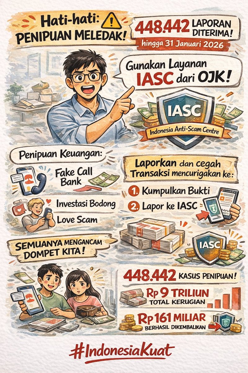 asalahnya bukan “kalau”…
tapi “kapan” kita kena.
Karena sekarang:
👉 400 ribu+ kasus penipuan
👉 Kerugian triliunan rupiah

Kalau sudah terjadi:
⏱️ Jangan tunda
⏱️ Jangan panik
Langsung:
✔️ Kumpulkan bukti
✔️ Lapor ke IASC

#IndonesiaKuat #LiterasiKeuangan #WaspadaScam