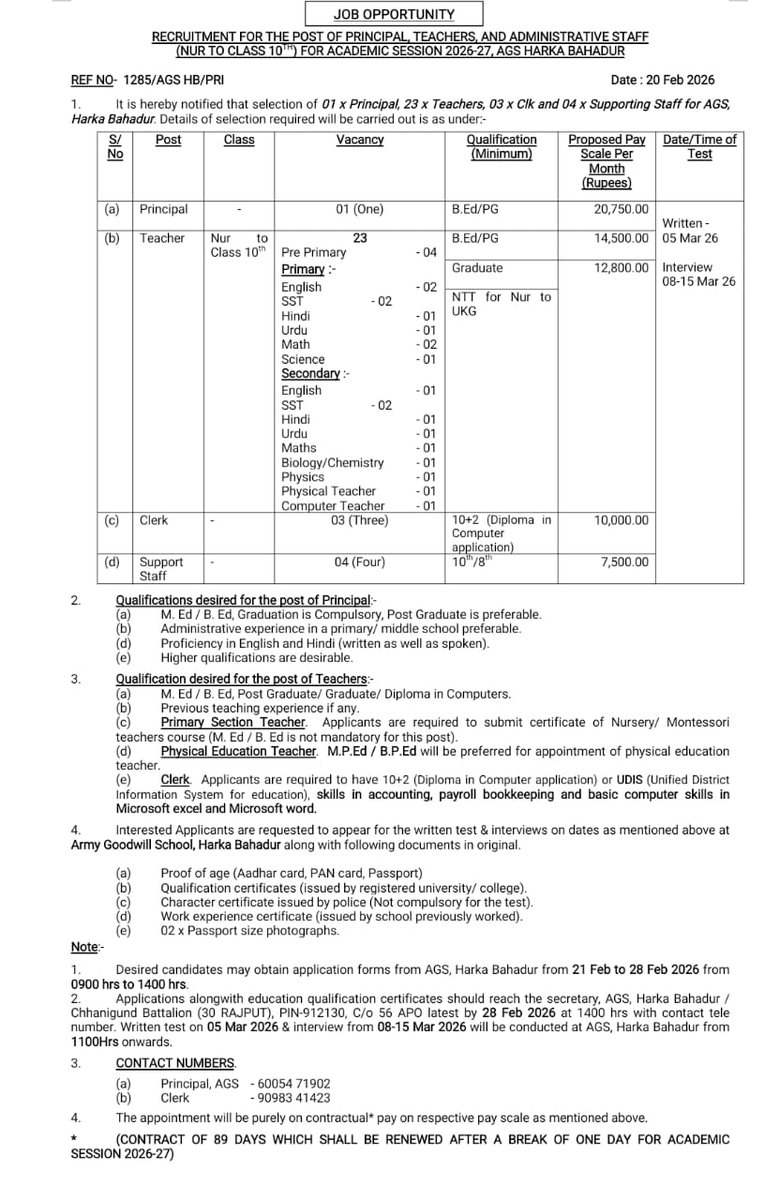 CRSKargil's tweet photo. INDIAN ARMY, CAREER OPPORTUNITIES IN KARGIL!

The Indian Army invites applications from eligible and passionate candidates for the following positions:
Army Goodwill School, Harka Bahadur:
• Principal: 01 •Teaching Staff:23
• Non-Teaching Staff. 07 https://t.co/HYHSiQozsX