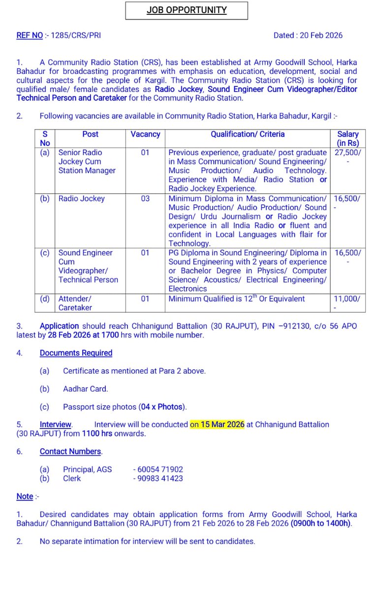 CRSKargil's tweet photo. INDIAN ARMY, CAREER OPPORTUNITIES IN KARGIL!

The Indian Army invites applications from eligible and passionate candidates for the following positions:
Army Goodwill School, Harka Bahadur:
• Principal: 01 •Teaching Staff:23
• Non-Teaching Staff. 07 https://t.co/HYHSiQozsX