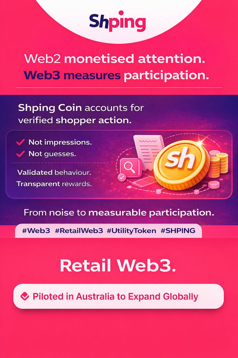 shpingApp's tweet photo. Web2 monetised attention.
Web3 measures participation.
#ShpingCoin accounts for verified shopper action.
Not impressions.
Not guesses.
Validated behaviour.
Transparent rewards.
From noise to measurable participation. Retail Web3.
#Web3 #RetailWeb3 #UtilityToken #SHPING https://t.co/94AUbyuD9N