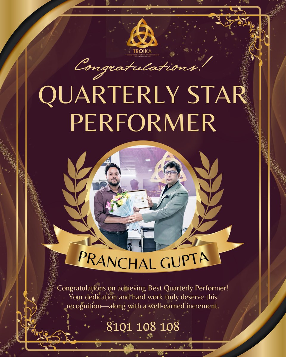 Troika_Lucknow's tweet photo. Hard work never goes unnoticed at TROIKA.  Congratulations, Pranchal Gupta.

Contact Info - 8101 108 108 
https://t.co/gXFbROcz1z

#troikafamily #quarterlystar #teamachievement #employeeappreciation #workethic #successmindset #realestateleaders #milestonemoment https://t.co/7atKxG81Co
