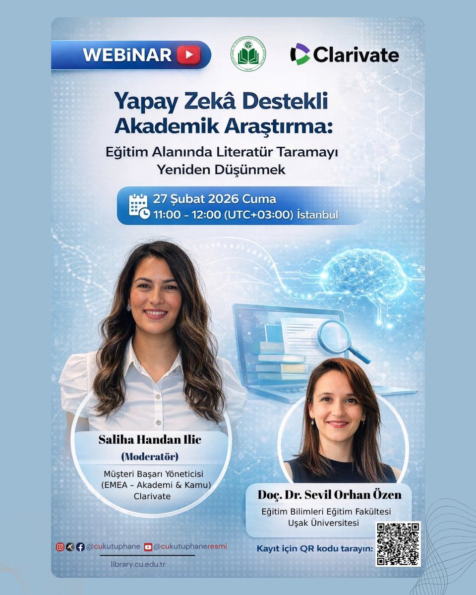 Clarivate Yapay Zeka Destekli Akademik Araştırma webinarına kayıt olmak için web sayfamızdaki bağlantıyı ya da QR kodu kullanabilirsiniz:
 
Kayıt bağlantısı ve diğer detaylar için: 
library.cu.edu.tr/haber-detay/29…

#cukurovakutuphane