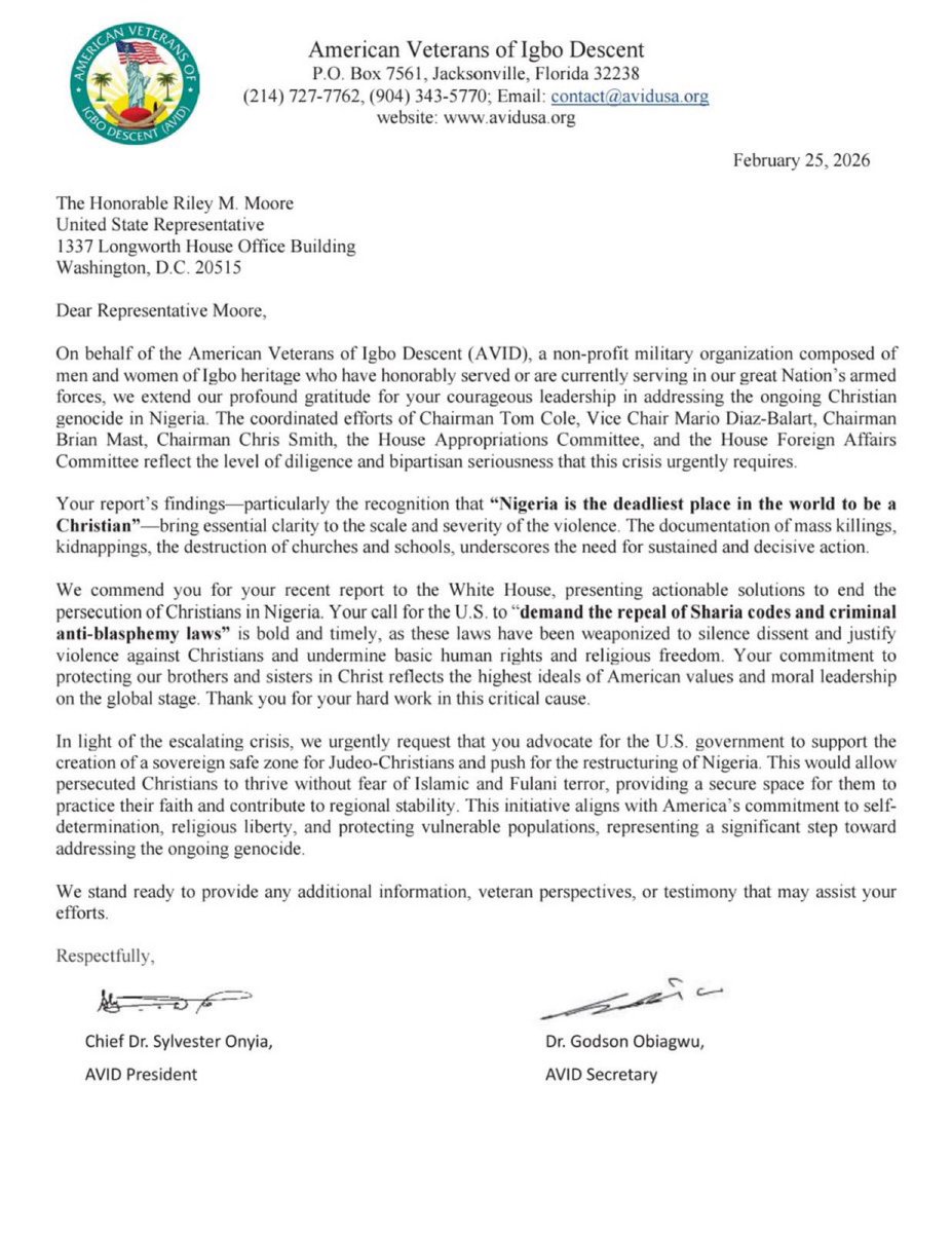 BREAKING: 

American Military Veterans of Igbo Descent (AVID) approached USA to assist in creating a sovereign safe zone for Nigeria Christians in Nigeria.

E don start!