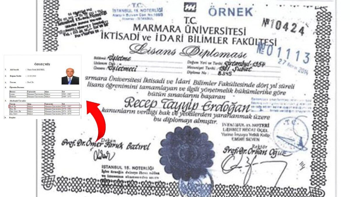 💥 Sözcü muhabiri Başak Kaya:

“Fahrettin Altun’un paylaştığı Tayyip Erdoğan’ın diploması 1981 yılı şubat ayının tarihini taşıyor ve altında ‘Dekan Prof. Ömer Faruk Batırel’ imzası var.

Batırel 1982’de profesör oluyor ve 1981’de dekan da değil.

Eski YÖK Başkanı Yusuf Ziya Özcan
