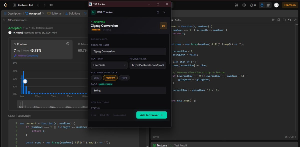 _19_neeraj's tweet photo. Tired of tracking leetcode in spreadsheets. built a chrome extension that auto-captures every accepted submission — problem, difficulty, tags, many more...

then built a dashboard to actually analyze it.

Building — feedback on features/UI?

@kirat_tw 
@100xDevs 
@_DhruvPasricha https://t.co/YJFz92SOrV