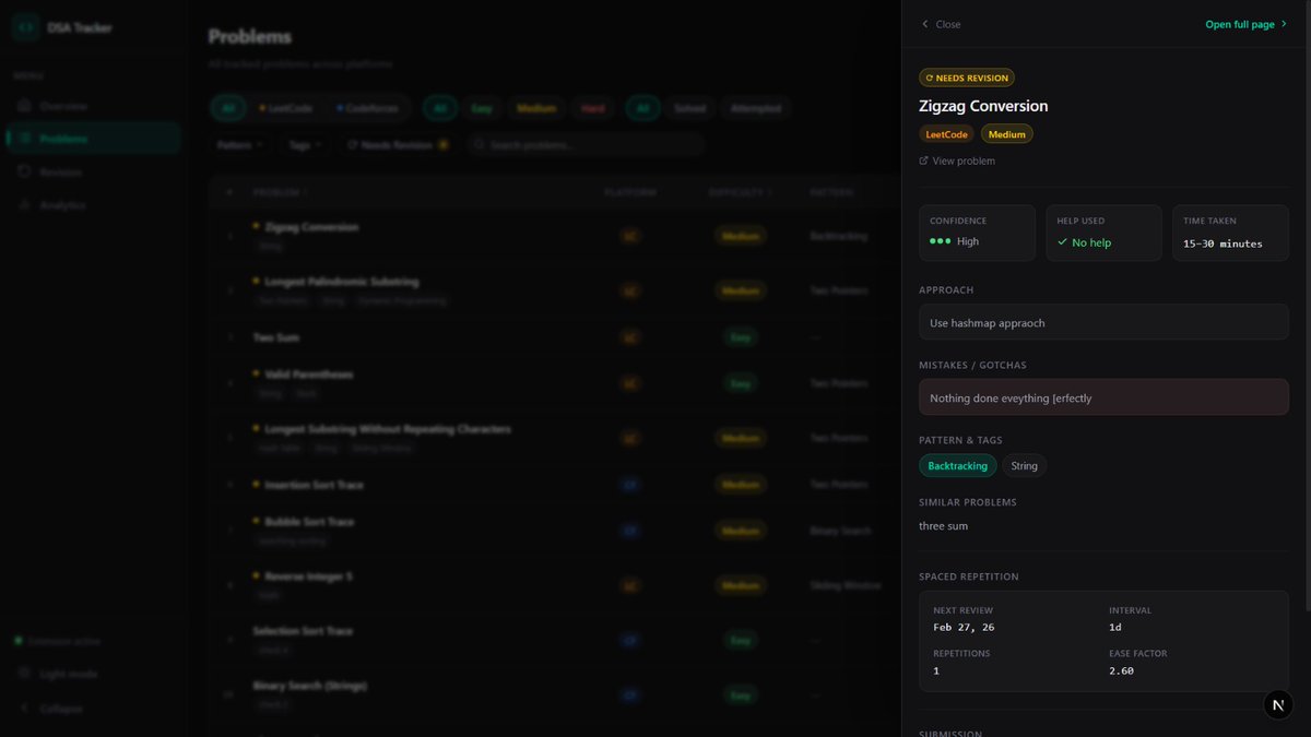 _19_neeraj's tweet photo. Tired of tracking leetcode in spreadsheets. built a chrome extension that auto-captures every accepted submission — problem, difficulty, tags, many more...

then built a dashboard to actually analyze it.

Building — feedback on features/UI?

@kirat_tw 
@100xDevs 
@_DhruvPasricha https://t.co/YJFz92SOrV