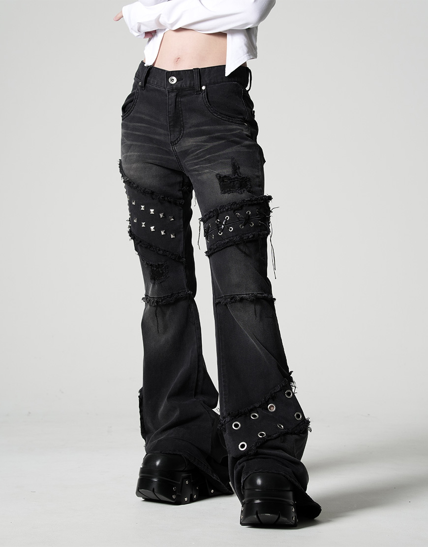 完売 アクロトーキョー　REFLEMレフレム切り替えカットオフフレアデニムパンツ NEW ARRIVAL】 REFLEM【レフレム】 切り替えカットオフフレアデニム