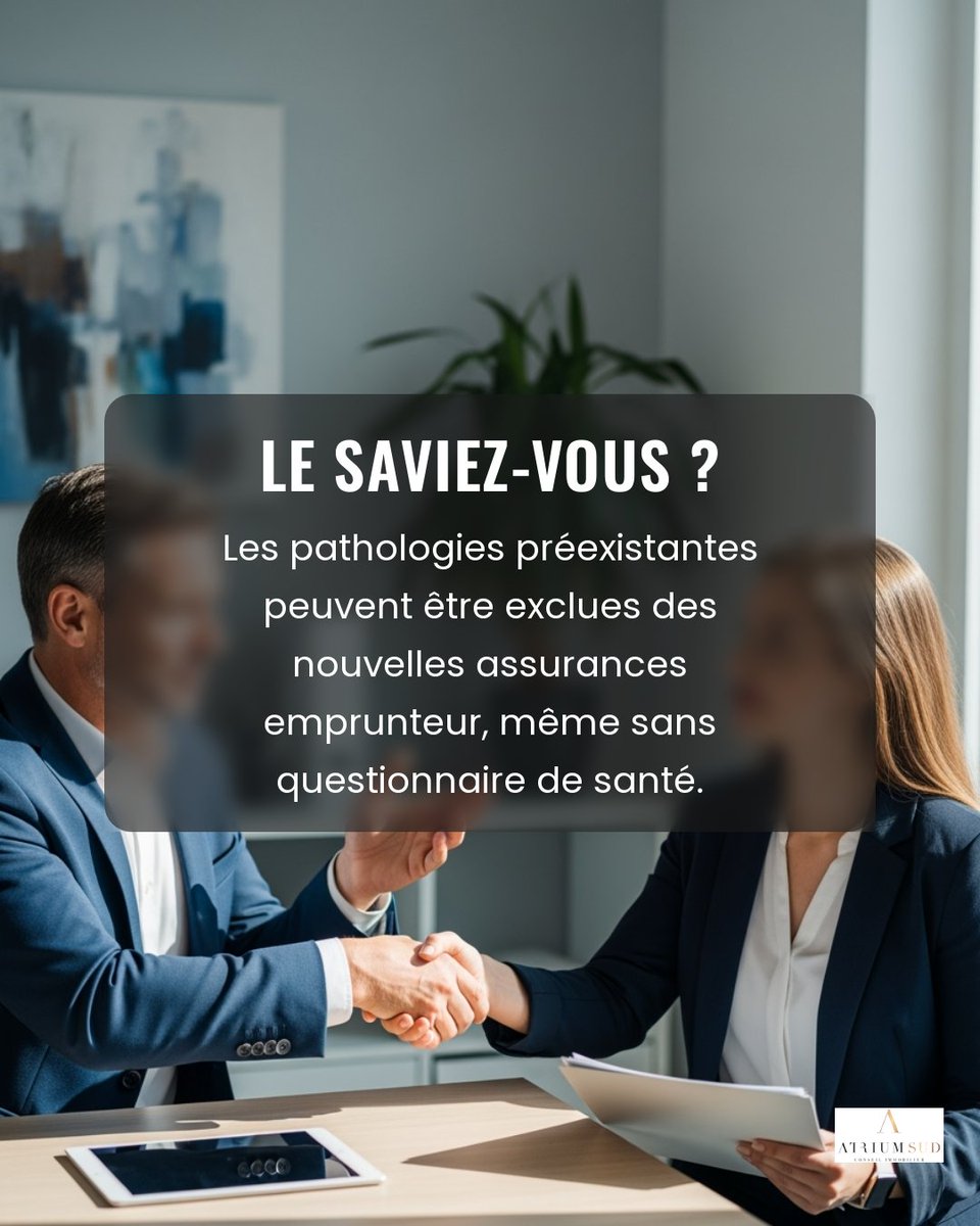 atriumsud's tweet photo. 🔍 Saviez-vous que vos pathologies préexistantes peuvent être exclues de votre nouvelle assurance emprunteur, même sans remplir de questionnaire de santé ? Ce fait surprenant peut avoir des répercussions importantes sur votre couverture. Les changements dans l'assurance (1/4) https://t.co/IJfDjyOBLF