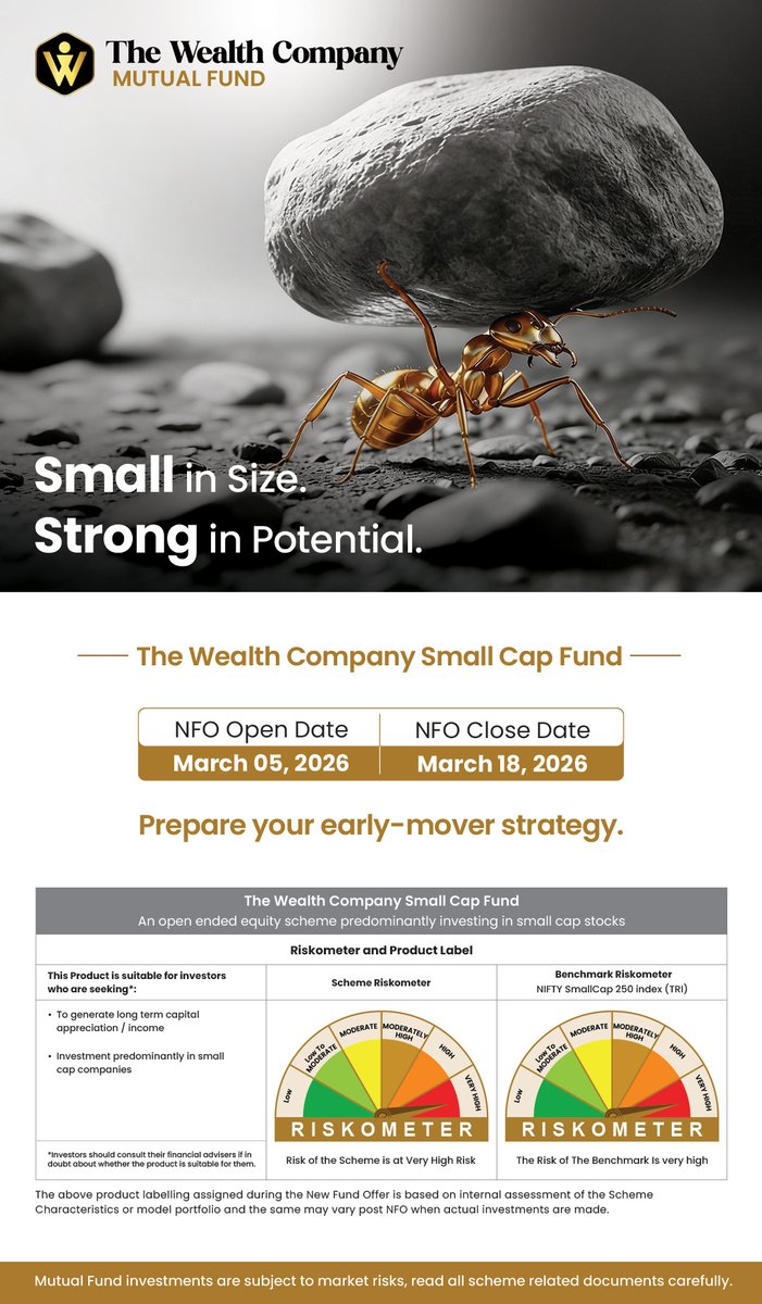 thewealthcoMF's tweet image. Small in Size.
Strong in Potential.

📅 NFO Open Date: March 05, 2026
📅 NFO Close Date: March 18, 2026
Know more :  wealthcompanyamc.in/our-nfos/nfo/t…

#TheWealthCompany #SmallCapFund #MutualFunds
