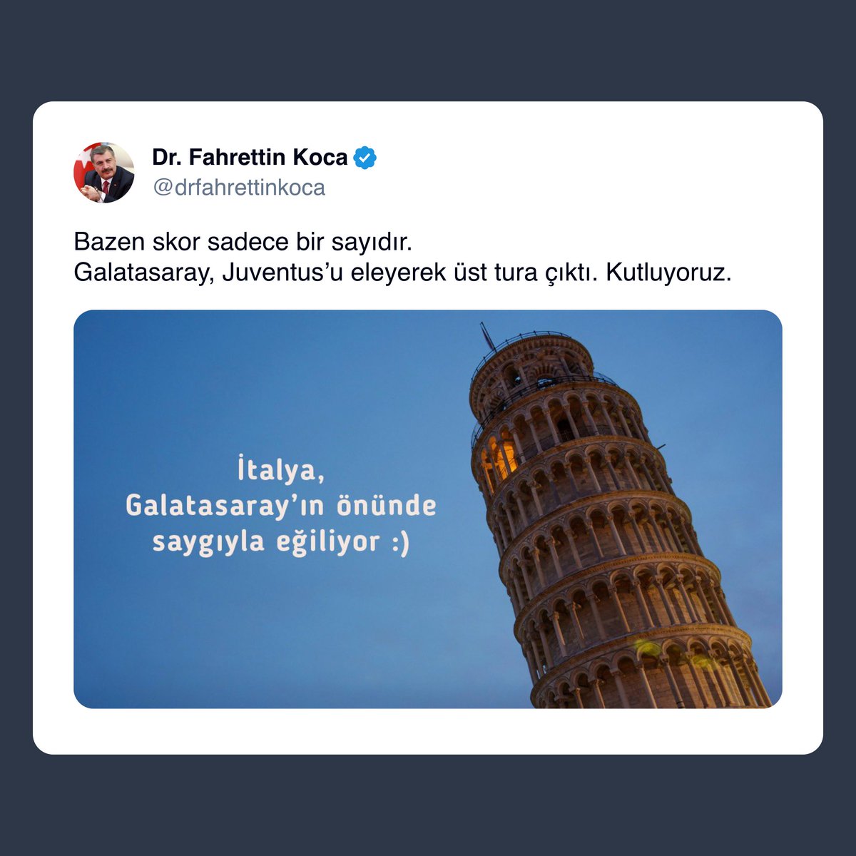 Galatasaray’ın Juventus’u elemesinin ardından, Eski Sağlık Bakanı Fahrettin Koca’nın yaptığı paylaşım.