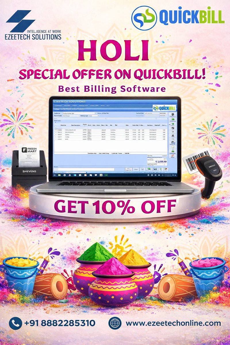 ezeetechonline1's tweet photo. 🎉 Holi Dhamaka Deal – Get 10% OFF on QuickBill!
Upgrade your shop with smart billing, fast invoices & easy inventory using QuickBill.
✅ Retail & wholesale friendly
💥 Special Holi Offer – Flat 10% OFF
📞 Call now: +91 8882285310
🌐 https://t.co/5dDGLVdRaO
#HoliOffer #QuickBill https://t.co/HfxNGK63C0