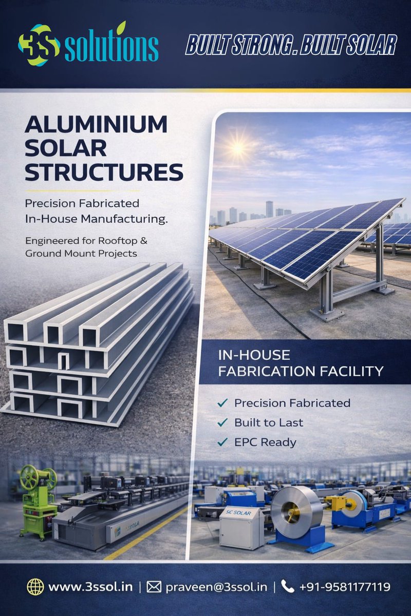3s_Sol's tweet photo. Strong Foundations for Solar
High-performance Aluminium Solar Structures by 3S Solutions precision fabricated and built in-house for rooftop &amp; ground mount projects.
Reliable. Durable. EPC-ready
https://t.co/DUjMXgMpHr

#3SSolutions #SolarStructures #AluminiumSolarStructures https://t.co/i8YT27Igcd