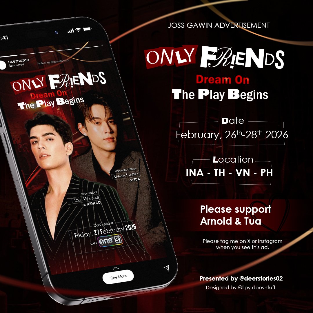 🎬 Only Friends: Dream On 🎞
Instagram Ads Project for Joss Gawin

🗓 26 - 28 Feb 2026
📍Indonesia - Thailand - Vietnam - Phillippines 

tag me on X or instagram if you see this ads will be appreciated॰˳ཻ̊♡

#JossGawin #จอสกวิน #OnlyFriendsDreamOn
