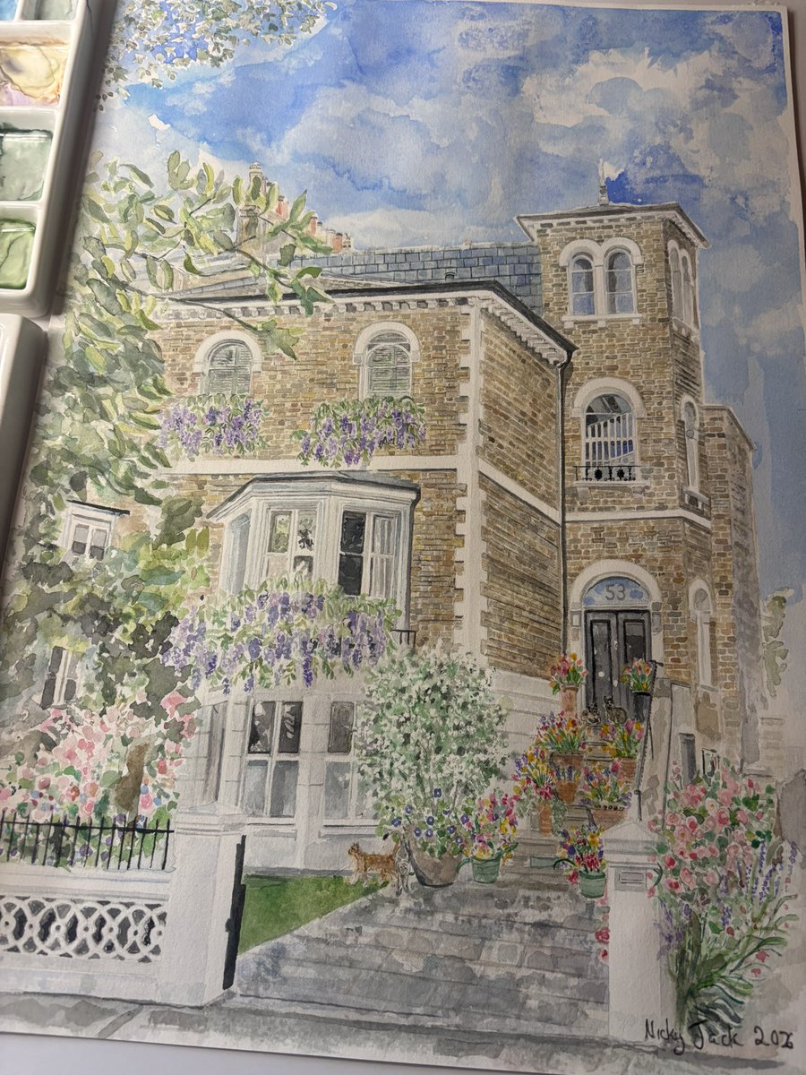 🌸💓🌸💓

Loved painting this wonderfully tall and elegant home with all the cascading wisteria and the prettiest flower pots up the stairs. Most importantly there are four very special additions. Can you spot the Bernese cats. 🐈 🐈‍⬛ xx

💓🌸
#portrait #watercolour #freehand