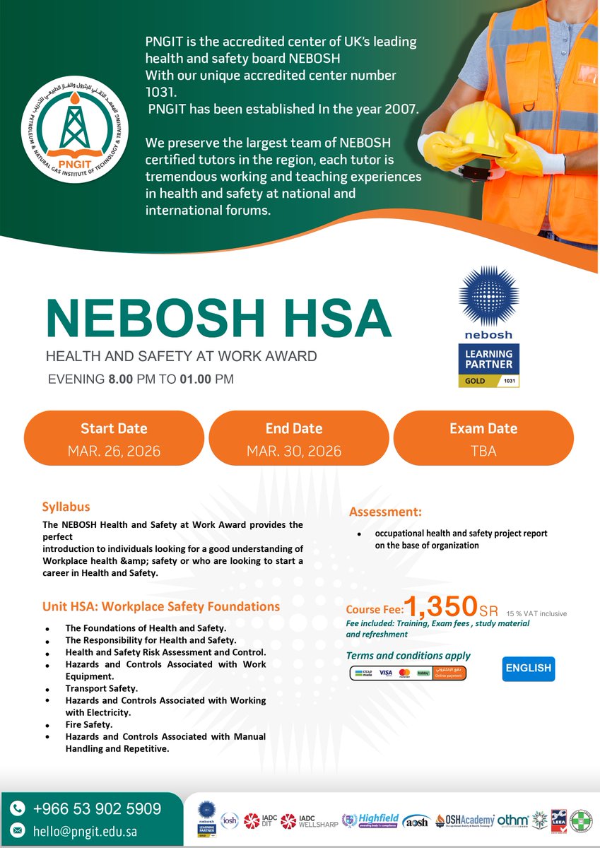 🦺 ابدأ أساسيات السلامة المهنية بشهادة NEBOSH HSA (UK)

📅 26–30 Mar 2026 | 🕗 8PM–1AM | 📝 Exam: TBA | 🗣️ English

💰 1,350 SR (VAT incl.)

📲 التسجيل واتساب: +966 53 902 5909

#NEBOSH #HSA #HSE #السلامة_المهنية #KSA #PNGIT