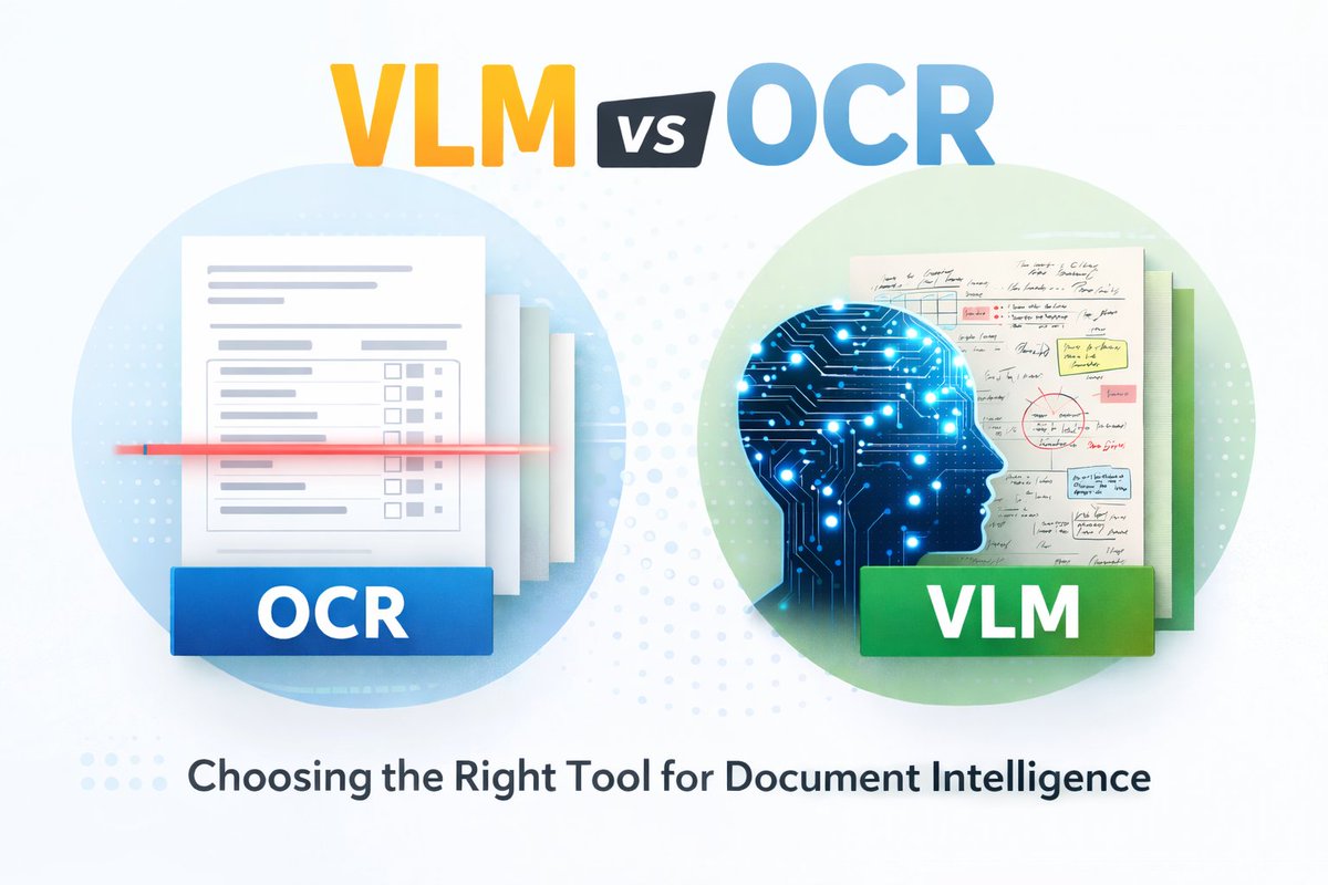 DevakiRohan's tweet photo. OCR vs VLM: Extraction vs Understanding

It’s not a competition.
It’s a pipeline decision.
OCR → fast text extraction
VLM → layout + semantic understanding
Hybrid → real-world production systems

Quick breakdown on when to use what 👇
#AI #OCR #VLM #DocumentAI https://t.co/WfYwkW0cW9