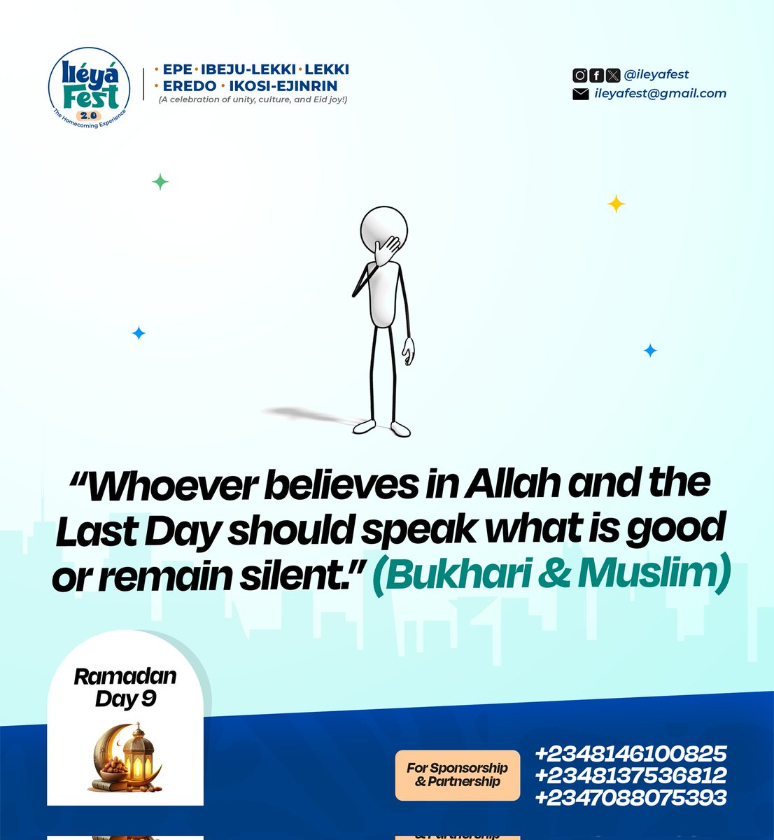 ileyafest's tweet photo. Ramadan Day 9 🌙

Guard your tongue, protect your heart, and let your words be a source of reward — not regret.

Today’s challenge: say only what adds value… or choose silence.

How intentional are you with your words? 🤍
#RamadanReflection #IleyaFest #EPE https://t.co/9FXuy6gnwZ