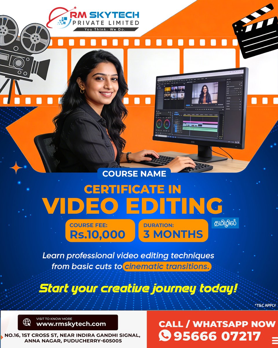 RMSkyTech1's tweet image. Professional Video Editing Course in Puducherry | Cinematic Transitions Training – RM SkyTech
#RMSkyTech #VideoEditingCourse #LearnVideoEditing #PuducherryEducation #TamilDesign #CinematicTransitions #CreativeJourney #PondicherrySkills #VideoProductionTraining