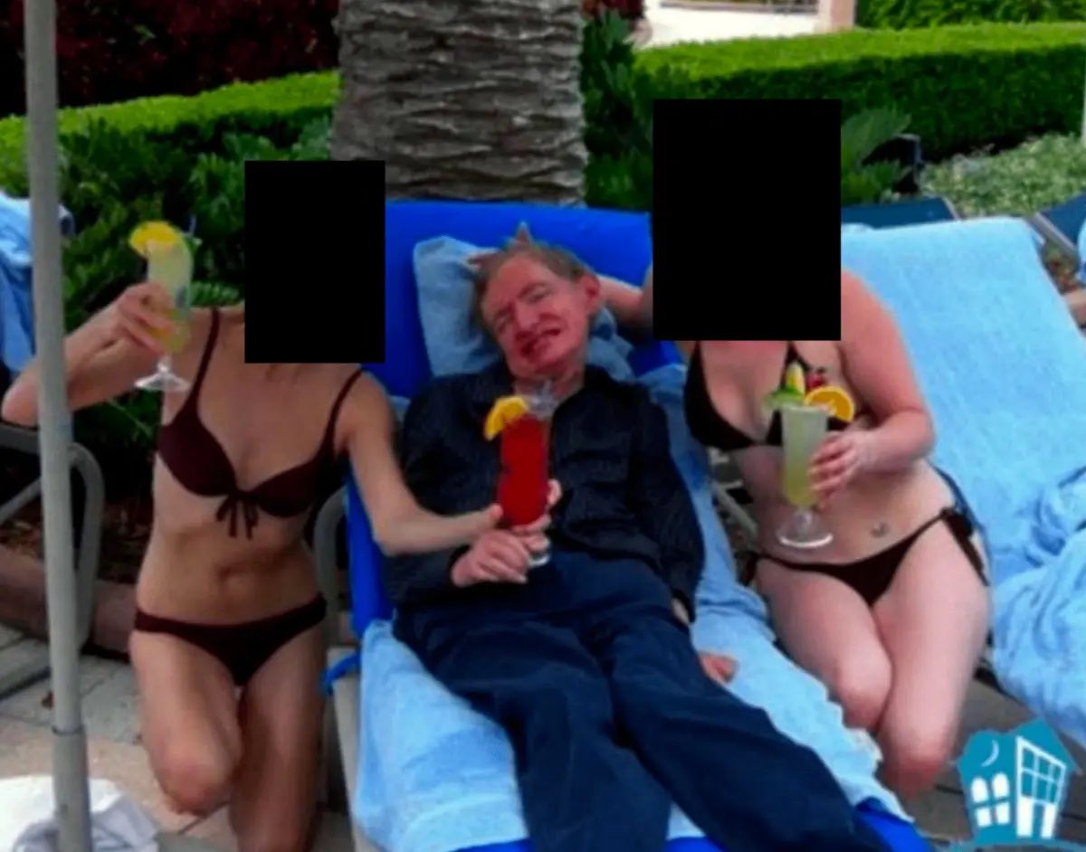 shanghaidaily's tweet image. Newly released #Epstein docs reveal a photo of #StephenHawking with two bikini-clad women in 2006. His family claims they were his "caregivers."​ The photo shows Hawking holding a cocktail while the women assist him. Media reported that the trip was funded by Epstein, who also