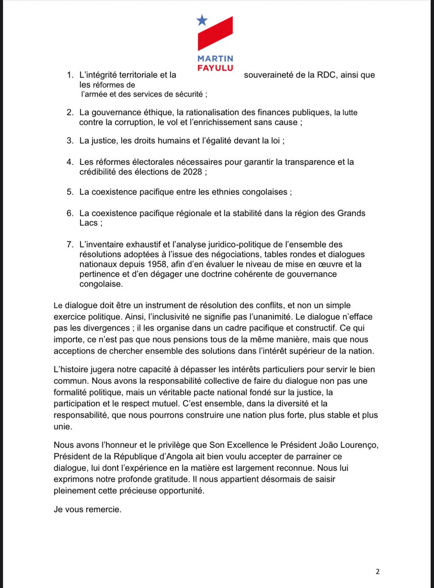Je tiens à rappeler à tous les Congolais le caractère urgent du Dialogue national inclusif, étape essentielle pour pacifier le pays, renforcer la cohésion nationale et préserver le cycle électoral. 
Ci-joint notre position sur l’inclusivité du dialogue national.