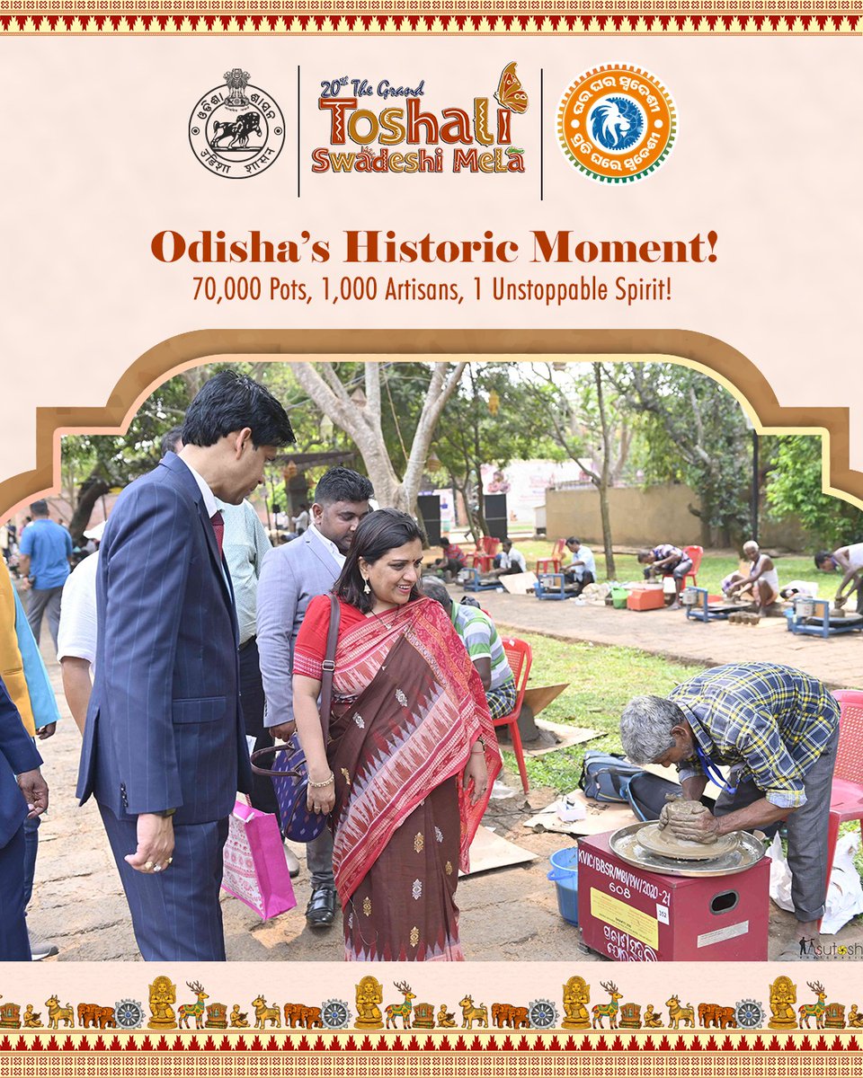 HTH_Odisha's tweet photo. Odisha created a historic milestone with 70,000 pots shaped by 1,000 artisans in a remarkable display of collective craftsmanship and cultural pride. https://t.co/XHdWCIzOSp