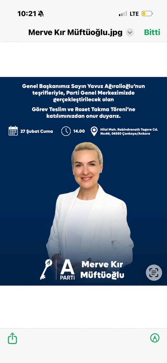 mervekir's tweet photo. Yeni bir sorumluluk, yeni bir başlangıç…
Görev Teslim ve Rozet Takma Töreni’nde birlikte olmaktan onur duyacağım.

📍 Anahtar Parti Genel Merkezi
Hilal Mahallesi Rabindranath Tagore Caddesi No:66
06550 Çankaya / Ankara

🗓 27 Şubat Cuma
⏰ 14.00

Katılımınız bizleri onurlandıracaktır.