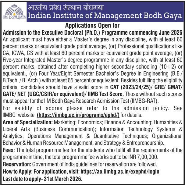 IIMBodhGaya's tweet photo. Applications are now open for the Executive PhD (Part-time) Program commencing June 2026.
#IIMBodhGaya #TheEnlighteningIIM #IIMBG #ExecutivePhD #ManagementResearch https://t.co/wczM6WY3Bs