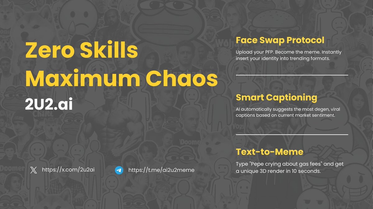 2u2ai's tweet photo. Zero skills. Maximum chaos.

When creation becomes frictionless, culture compounds.

#2U2ai turns ideas into scalable #meme engines. 🚀 https://t.co/cnVvPZ1EGl