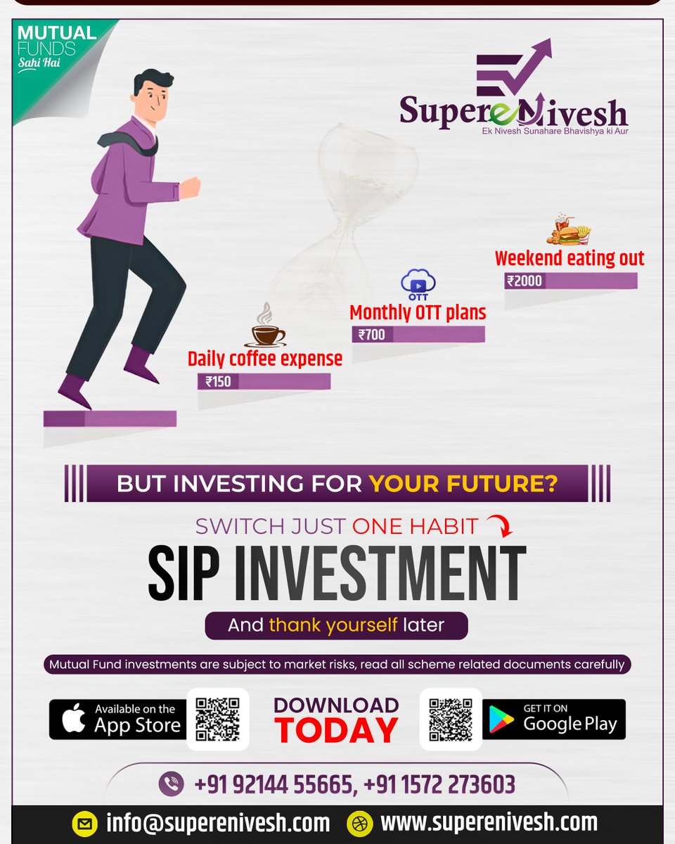 SuperYatra's tweet photo. We spend ₹150 on daily coffee
₹700 on OTT subscriptions
₹2000 on weekend outings
But when it comes to investing in our future… we hesitate?

Just switch ONE habit and start your SIP today 
Because your future deserves priority. ✨

🌐 Visit: https://t.co/KENZgYJYKi https://t.co/anohsDCQca