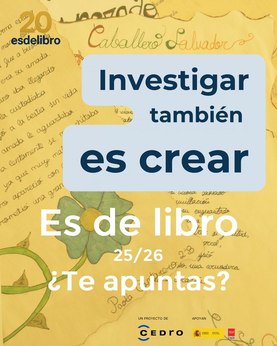 CEDROenlinea's tweet image. #Profesor, participando en #Esdelibro tus alumnos #ESO #Bachillerato aprenden a investigar, hacerse preguntas interesantes, desarrollar su pensamiento crítico, su creatividad…

Apúntate con ellos👉esdelibro.es Hay premios para todos

Apoyan @culturagob @CulturaCMadrid