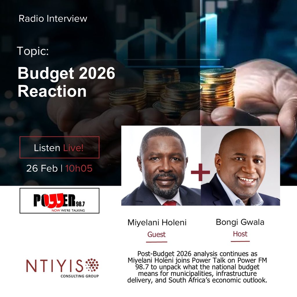 NtiyisoConsult's tweet photo. Budget 2026 Insights from NCG
Listen Live: https://t.co/Vse6T7VNb9 | Frequency: 98.7
#NCG #Budget2026 #MunicipalFinance #InfrastructureDelivery #EconomicInsights #PowerFM https://t.co/CWcj7Ur9gK