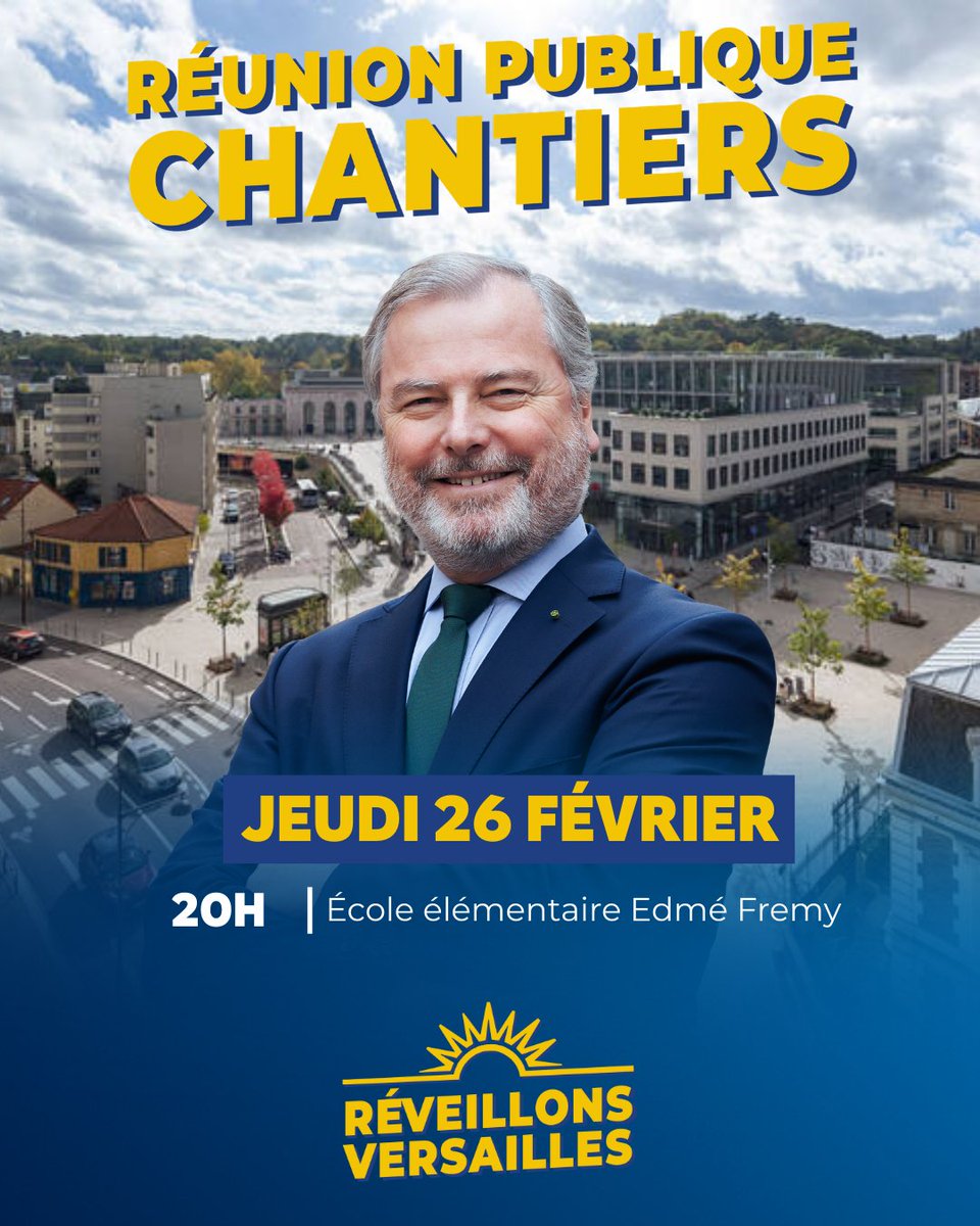 Retrouvons nous, ce soir pour vous présenter notre projet pour le quartier des Chantiers et échanger sur vos attentes à l'école Edmé Frémy ! 💙💛

#Municipales2026 #Versailles