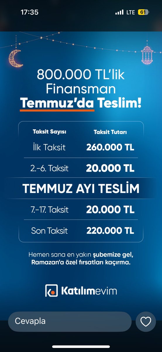 Bana mantıklı geldi , sizce?

800 bin TL finansman için 260 bin peşin, 20 bin taksitler,son taksit 220 bin. Temmuzda teslim. 56 bin TL komisyon alınıyor.

Müşteri deneyimi, işbirliği değildir.