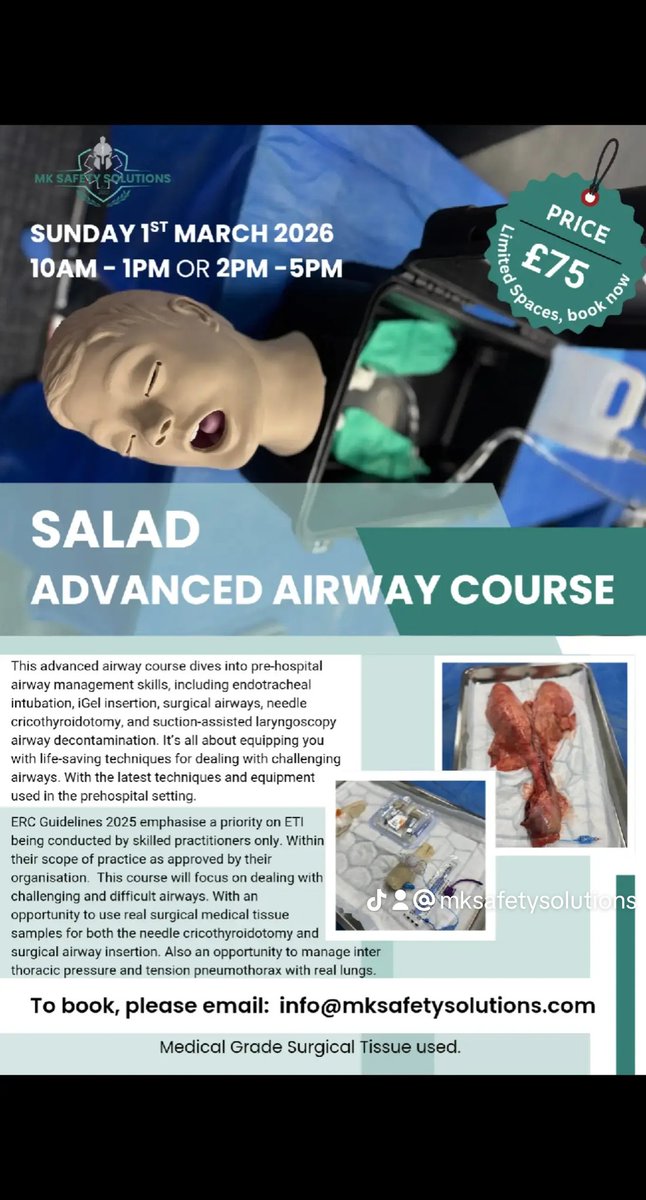 Come on this cannot be missed, this sunday our Advance Airway course is on and we have a couple of places left. 

so dont be disappointed book now

info@mksafetysolutions.com 

#medicalcpd #airwaymanagement #glasgow #mksafetysolutions #paramedic