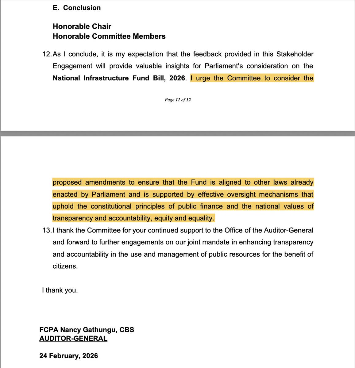 The Office of the Auditor General has flagged very significant gaps in the National Infrastructure Fund Bill No.1 2026. 

Breakdown below: 

· Clause No.5 empowers the Fund to borrow money but lacks explicit alignment with Article 206 of the Constitution &amp; the Public Finance