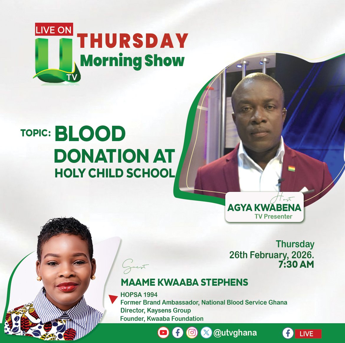 KwaabaFdn's tweet photo. Donate blood, Save lives.
Join the discussion with Maame Kwaaba Stephens on U TV with Agya Kwabena

#ghanabloodbank
#hopsa80thanniversary
#kwaabafoundation 
#UTVGhana https://t.co/IuuewVrMC4