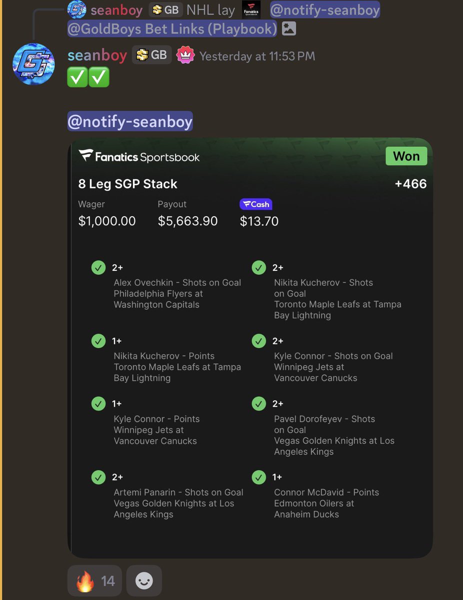 Cash the NHL parlay from <a href="/seanboybets/">seanboy</a> ✅

$1,000 👉 $5,663 🔥

👉 GoldBoys.com 👈