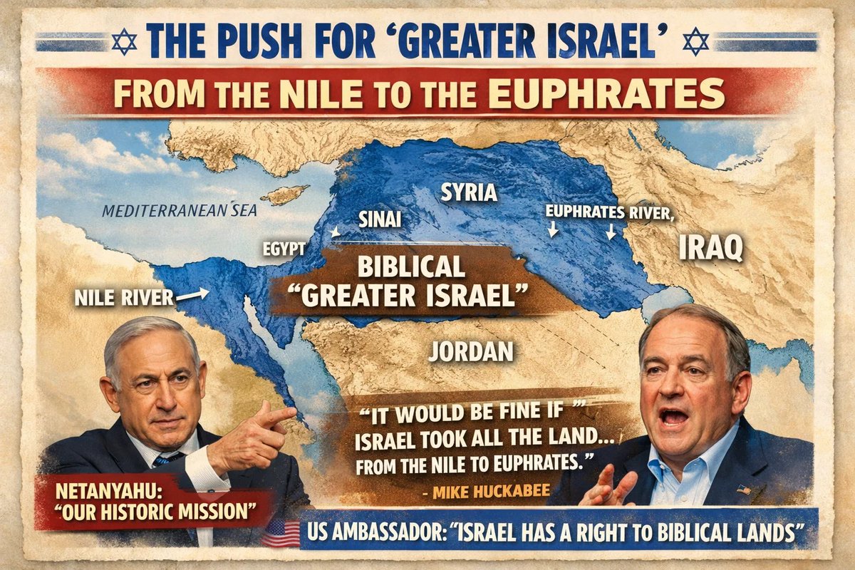 janajani787's tweet image. Comments by Mike Huckabee to Tucker Carlson about biblical borders have reignited debate over expansionist visions tied to Israel. Critics urge clarity on official policy. 
#IsraelTerroristState #IsraelVisit