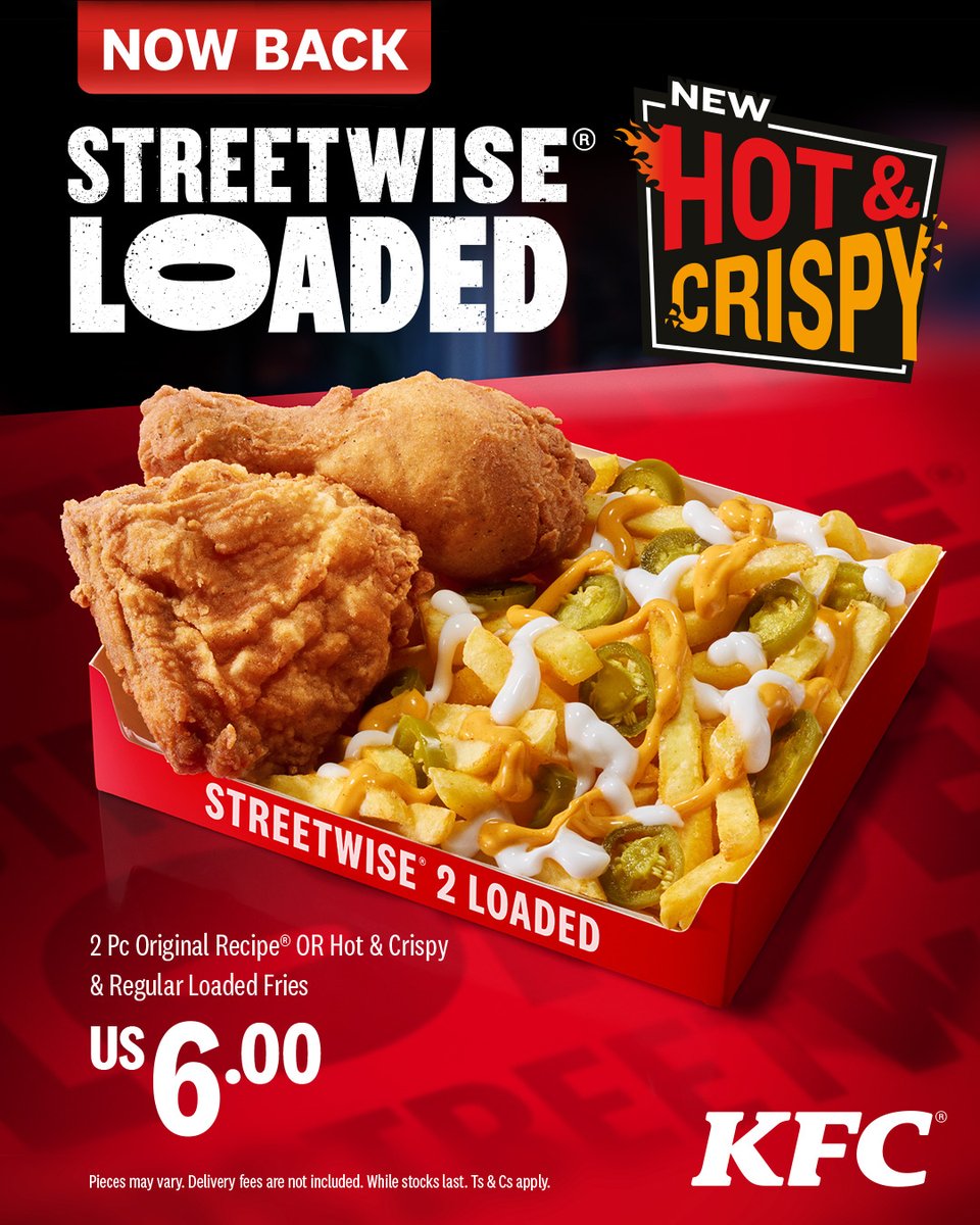 Hot &amp; Crispy is back - and it’s loaded 🍗🍟
Streetwise 2 Hot &amp; Crispy meets Loaded Fries.
Crunch on crunch. Heat on heat.

#KFC #HotAndCrispy #Loaded