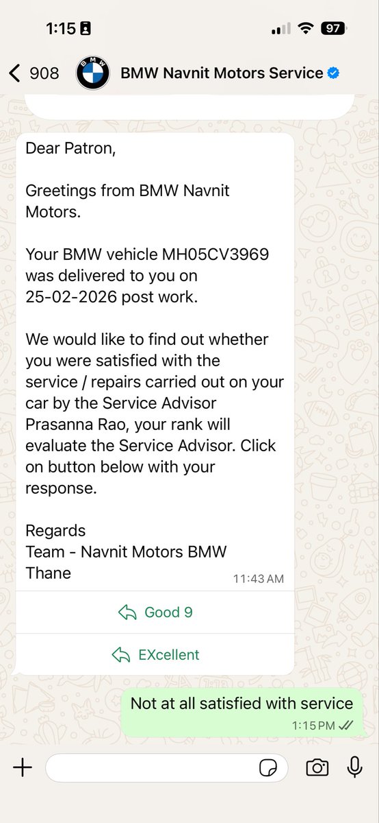bimoryani's tweet photo. @NavnitMotorsBMW unsatisfactory service quality and when I get survey for my feedback the only option I get is 9 or 10 … is this a joke? https://t.co/SNrThUZpNi